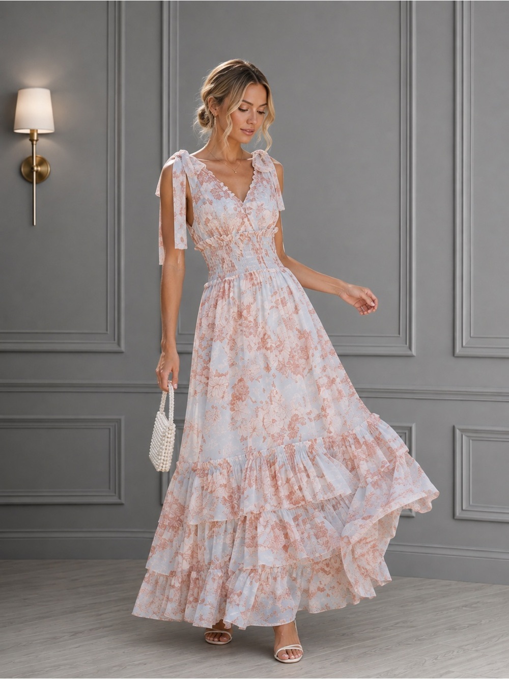 PETAL & PUP CHRISTABEL TIERED MAXI DRESS - BLUE FLORAL M B2490